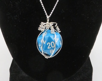 Bright Blue Twenty-sided Die Silver Wire Wrapped Pendant on Silver Chain