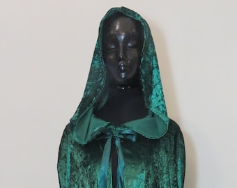 Hunter Green Long Crushed Velvet Handmade Hooded Costume Cloak, Panne Velvet