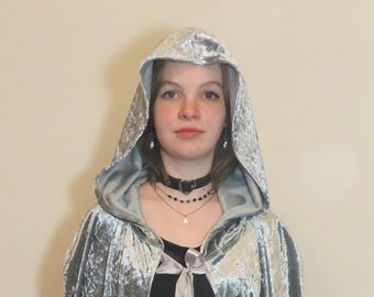 Silver Long Crushed Velvet Handmade Hooded Costume Cloak, Panne Velvet