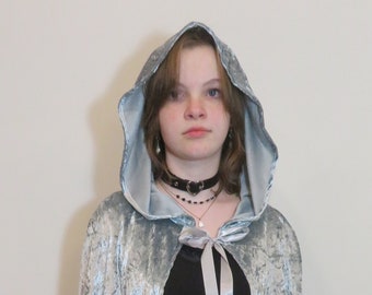 Silver Crushed Velvet Handmade Hooded Costume Cloak, Panne Velvet, Short Costume Cloak