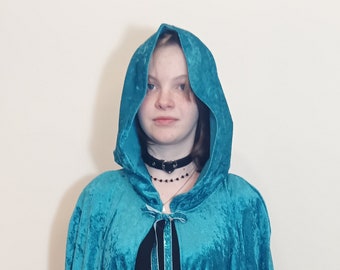 Teal Long Crushed Velvet Handmade Hooded Costume Cloak, Panne Velvet