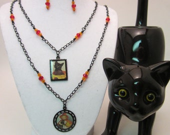 Sale! Halloween Black Red and Orange Necklace and Earring Set, Black Cat and Witch Pendants