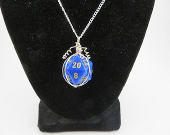 Cobalt Blue Twenty-sided Die Silver Wire Wrapped Pendant on Silver Chain