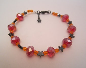 Sale! Red and Orange Crystal and Hematite Stars Halloween Bracelet