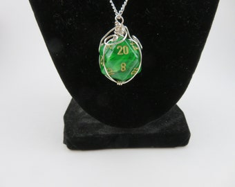 Forest Green Twenty-sided Die Silver Wire Wrapped Pendant on Silver Chain Curly-Q