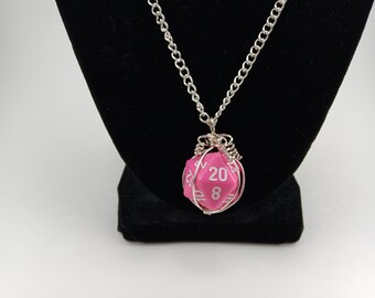 Pink Twenty-sided Die Silver Wire Wrapped Pendant on Silver Chain