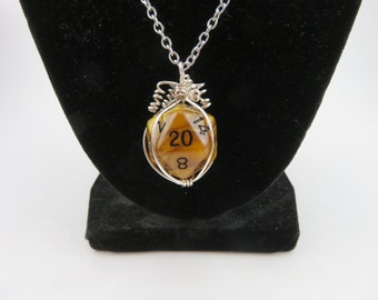 Amber Twenty-sided Die Silver Wire Wrapped Pendant on Silver Chain