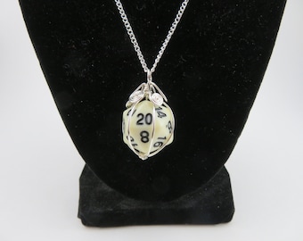 White Twenty-sided Die Silver Wire Wrapped Pendant on Silver Chain