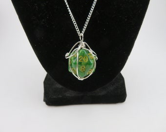 Olive Green Twenty-sided Die Silver Wire Wrapped Pendant on Silver Chain