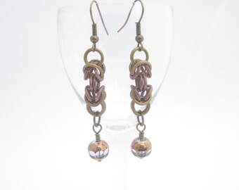 Brass and Copper Byzantine Chainmaille Earrings with Gilded Glass Beads