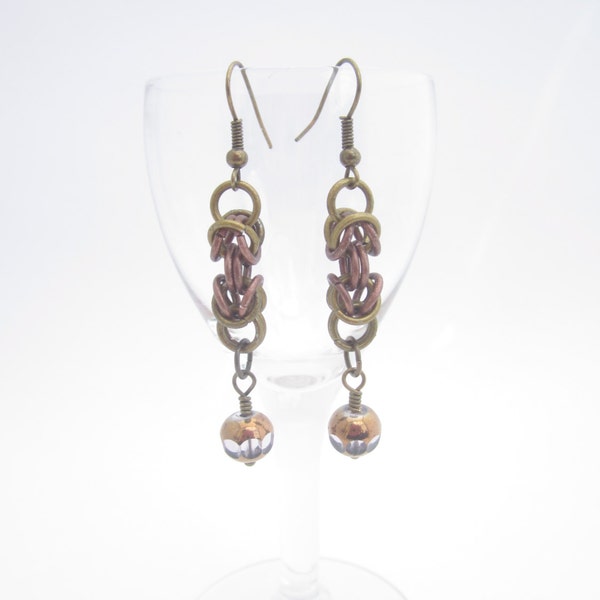 Brass and Copper Byzantine Chainmaille Earrings with Gilded Glass Beads