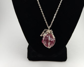 Pink Glitter Twenty-sided Die Silver Wire Wrapped Pendant on Silver Chain
