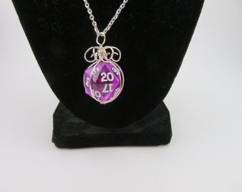 Transluscent Purple Twenty-sided Die Silver Wire Wrapped Pendant on Silver Chain