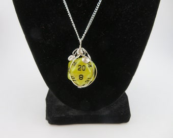 Golden Yellow Twenty-sided Die Silver Wire Wrapped Pendant on Silver Chain