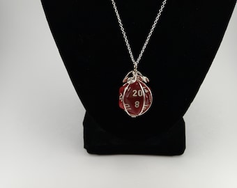 Red Iridescent Twenty-sided Die Silver Wire Wrapped Pendant on Silver Chain