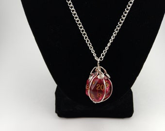 Translucent Pink Twenty-sided Die Silver Wire Wrapped Pendant on Silver Chain