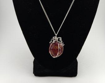 Burgundy Red Twenty-sided Die Silver Wire Wrapped Pendant on Silver Chain