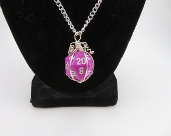 Bright Purple Twenty-sided Die Silver Wire Wrapped Pendant on Silver Chain