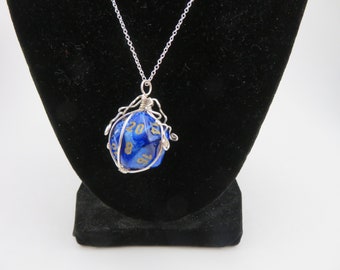 Royal Blue Twenty-sided Die Silver Wire Wrapped Pendant on Silver Chain