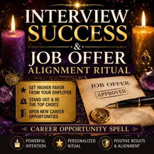 May include: An advertisement for a career opportunity spell. The image features text that reads "Interview Success & Job Offer Alignment Ritual". There are lit candles, a document with "Job Offer Approved" stamped on it, and a pen. The image has a gold and purple color scheme.