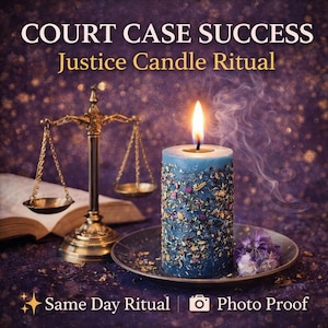 May include: A lit blue candle with floral accents sits on a decorative plate. The image includes a golden scale, an open book, and text that reads "COURT CASE SUCCESS Justice Candle Ritual" and "Same Day Ritual Photo Proof."