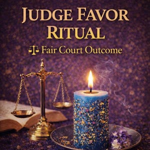 May include: An image with the text "JUDGE FAVOR RITUAL" and "Fair Court Outcome". A lit blue candle with floral accents sits on a small plate next to a golden scale and an open book. The background is a textured purple.