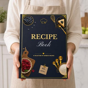 May include: A dark blue hardcover recipe book with gold text reading RECIPE Book and A COLLECTION OF FAVORITE RECIPES. The cover features illustrations of blueberries, a chef hat, a whisk, a slice of cake, raspberries on a board, and measuring spoons.