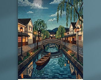 Kurashiki-kanalens viskningar - fridfull japansk mosaikkonsttryck
