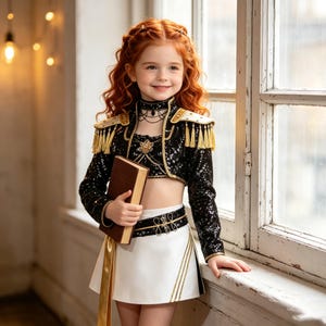 Könnte beinhalten: Eine schwarze, paillettenbesetzte Kurzjacke mit goldenen Fransen-Epauletten und Stehkragen, kombiniert mit einem weißen Minirock mit Goldbesatz. Das Outfit umfasst ein schwarzes Halsband und eine lange goldene Schärpe, dazu ein braunes Buch.