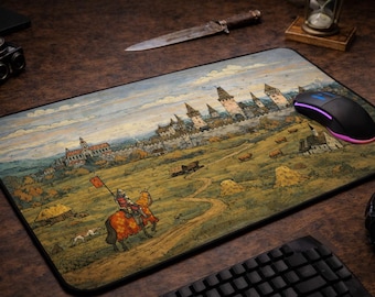Alfombrilla de escritorio con caballero medieval / Alfombrilla de ratón con ilustración de castillo vintage / Decoración de espacio de trabajo con arte fantástico / Alfombrilla de escritorio estética para juegos