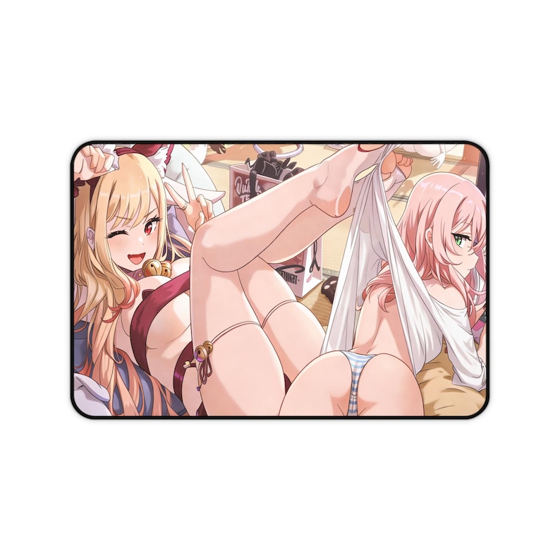 May include: Rectangular mousepad featuring an anime-style illustration of two women. One woman has blonde hair and is wearing a red outfit. The other woman has pink hair and is wearing a white top and blue and white striped underwear.