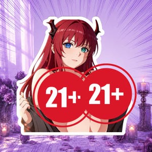 May include: A die-cut sticker featuring an anime-style character with long red hair, dark horns, and blue eyes. The character wears a dark garment and is partially obscured by two overlapping red circles, each displaying the white text 21+.