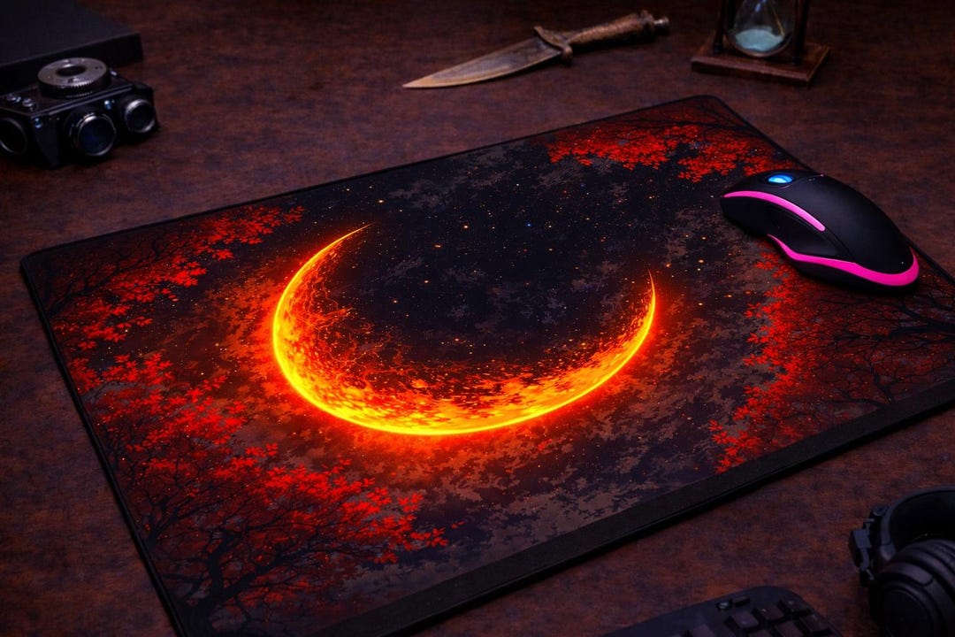 Fiery Crescent Moon Mouse Pad, Dark Fantasy Gaming Desk Mat - Etsy