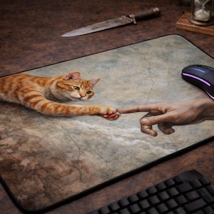 Whimsical Classical Cat & Hand Desk Mat | Artistic Mouse Pad, Cozy Workspace Decor