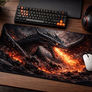 Black Dragon Desk Mat, Dark Fantasy Dragon Mouse Pad, Shadow Fire Dragon Deskmat, Gothic Aesthetic Gaming Setup