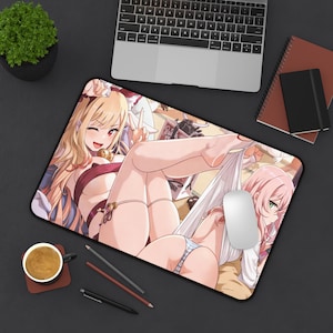 Anime Desk Mat, Cyberpunk Katana Girl, Red Gaming Pad 12" × 18"