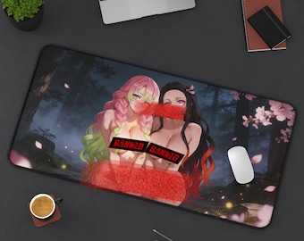 Tappetino da scrivania con waifu anime, tappetino da gioco Cyberpunk con ragazza katana, postazione da gamer in stile città neon