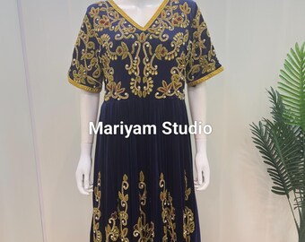 Vestido caftán de terciopelo azul marino – Vestido abaya dubaití con bordado dorado