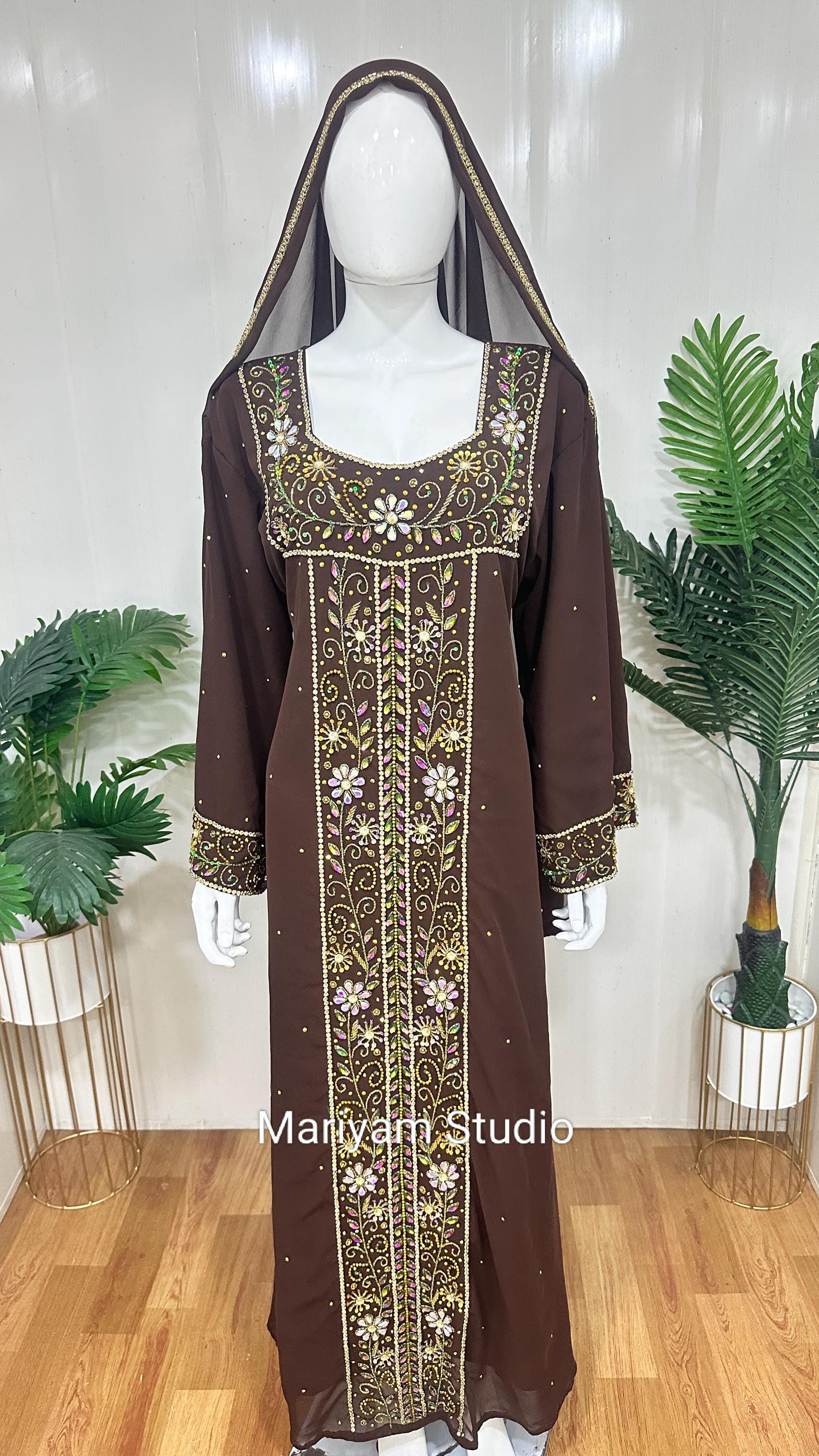 green emerald velvet dress Burgundy Frill Sleeve A Line Embroidered V Neck Turkish Kaftan Gown 42 main image 1