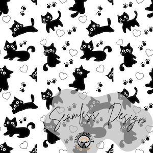 May include: Seamless design featuring black cat silhouettes, paw prints, and white hearts on a white background. The cats are in various poses, creating a playful and whimsical pattern. The text "Seamless Design" is overlaid on the image.