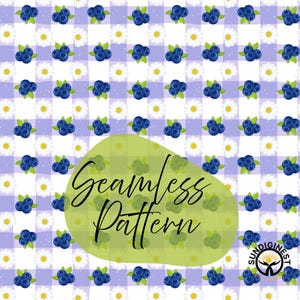 May include: A seamless pattern featuring blueberries and daisies on a light purple and white checkered background. The blueberries are a deep blue with green leaves, and the daisies have white petals and yellow centers. The text "Seamless Pattern" is in a script font.