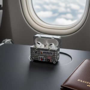 Könnte beinhalten: Ein silberner Koffer in Form eines Miniaturkoffers mit weißen kabellosen Ohrhörern steht auf einem Tabletttisch in einem Flugzeug. Der Koffer hat Aufkleber mit der Aufschrift "AIR PACIFIC" und "JAL". Ein brauner Reisepass liegt neben dem Koffer. Im Hintergrund ist ein Fenster mit bewölktem Himmel.