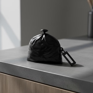 Puede incluir: Un recipiente de cerámica negra con forma de bolsa de basura, con una parte superior anudada y una etiqueta rectangular adjunta. El recipiente está sobre una encimera gris, con un mueble de madera visible debajo.
