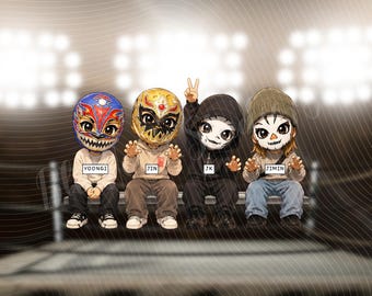 Grupo masculino de Kpop Lucha Libre Chibi PNG / México / Gira mundial 2026 / Regalo para fans del Kpop / Imágenes prediseñadas de 300 DPI / Merchandising de K-Pop / Descarga digital