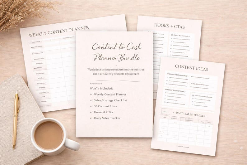 Peut inclure: Un ensemble de planification Content to Cash avec un planificateur de contenu hebdomadaire, une liste de contr&ocirc;le de strat&eacute;gie de vente, 30 id&eacute;es de contenu, des accroches et CTA, et un suivi des ventes quotidiennes. Une tasse de caf&eacute; et un stylo dor&eacute; sont &eacute;galement sur la surface en bois clair.
