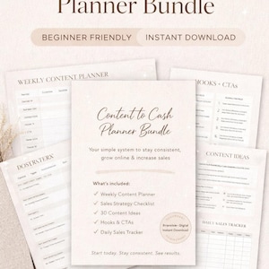 Peut inclure: Un ensemble de pages de planification imprimables intitulé "Content to Cash Planner Bundle". Les pages comprennent un planificateur de contenu hebdomadaire, une liste de contrôle de la stratégie de vente, des idées de contenu, des accroches et des CTA, et un suivi quotidien des ventes.
