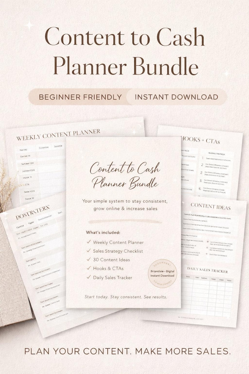 Peut inclure: Un ensemble de pages de planification imprimables intitul&eacute; "Content to Cash Planner Bundle". Les pages comprennent un planificateur de contenu hebdomadaire, une liste de contr&ocirc;le de la strat&eacute;gie de vente, des id&eacute;es de contenu, des accroches et des CTA, et un suivi quotidien des ventes.