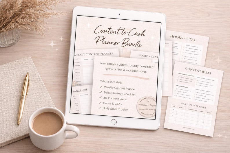 Peut inclure: Un ensemble de planification num&eacute;rique sur une tablette, intitul&eacute; "Content to Cash Planner Bundle". Comprend un planificateur de contenu hebdomadaire, une liste de contr&ocirc;le de la strat&eacute;gie de vente, des id&eacute;es de contenu et un suivi quotidien des ventes. Une tasse de caf&eacute;, un stylo et un carnet sont &eacute;galement sur la surface en bois.