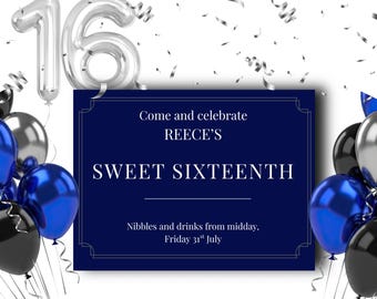Modèle d'invitation d'anniversaire modifiable Sweet 16 pour garçons (téléchargement numérique)