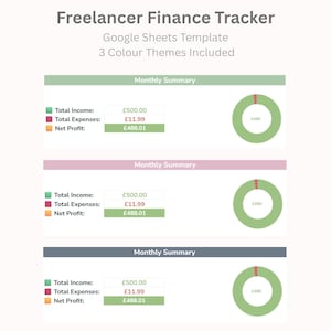 Può includere: Un modello di foglio di calcolo digitale intitolato "Freelancer Finance Tracker" con tre temi di colore. Ogni tema mostra un riepilogo mensile con entrate, spese e profitto netto. Il modello include un grafico a torta che rappresenta l'utile netto.